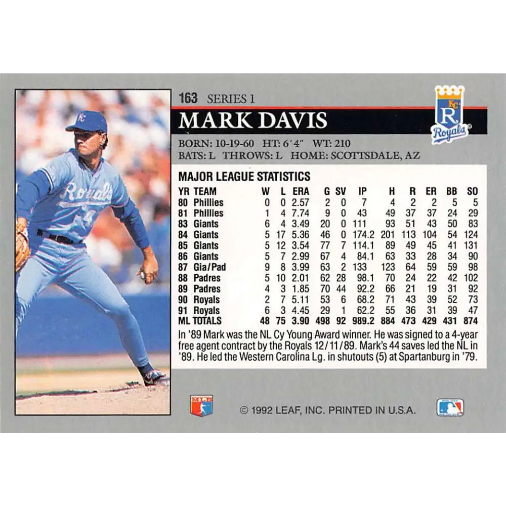 1992 Leaf #163 Mark Davis NM-MT Kansas City Royals Baseball Card Image 2