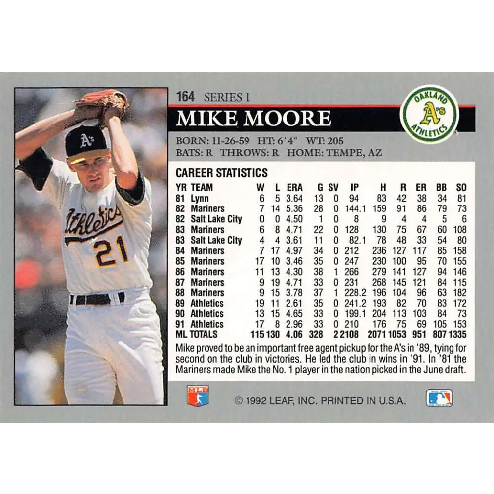 1992 Leaf #164 Mike Moore NM-MT Oakland Athletics Baseball Card Image 2