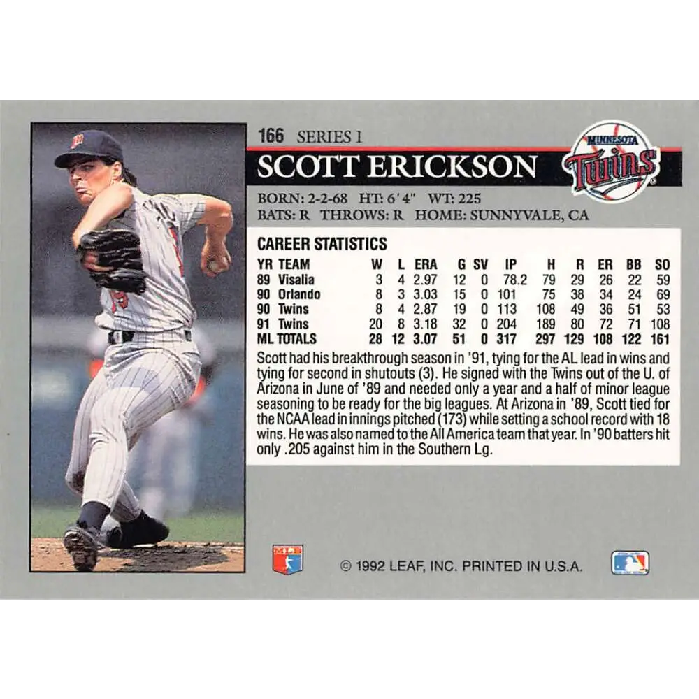 1992 Leaf #166 Scott Erickson NM-MT Minnesota Twins Baseball Card Image 2