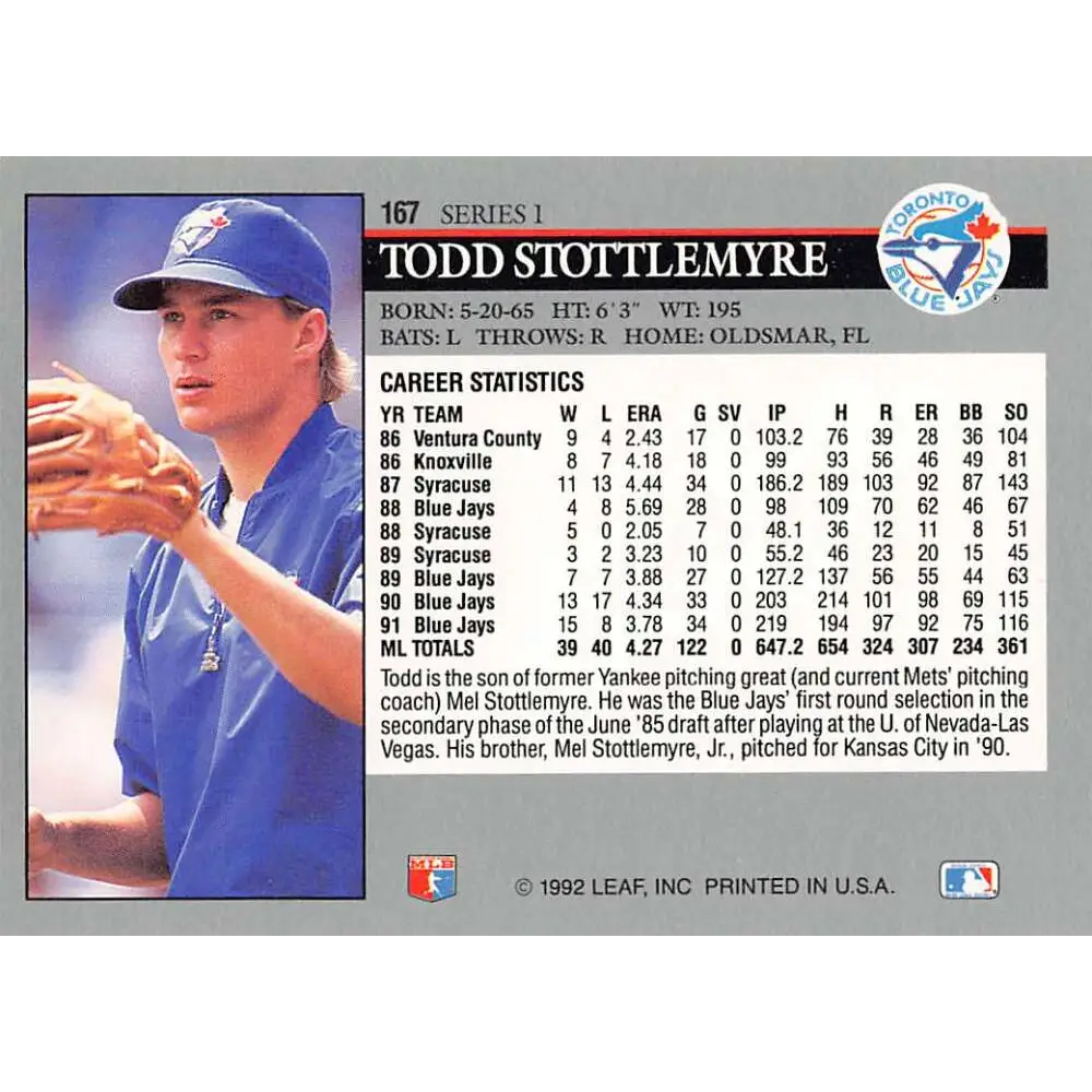 1992 Leaf #167 Todd Stottlemyre NM-MT Toronto Blue Jays Baseball Card Image 2