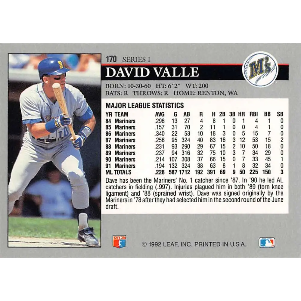 1992 Leaf #170 Dave Valle NM-MT Seattle Mariners Baseball Card Image 2