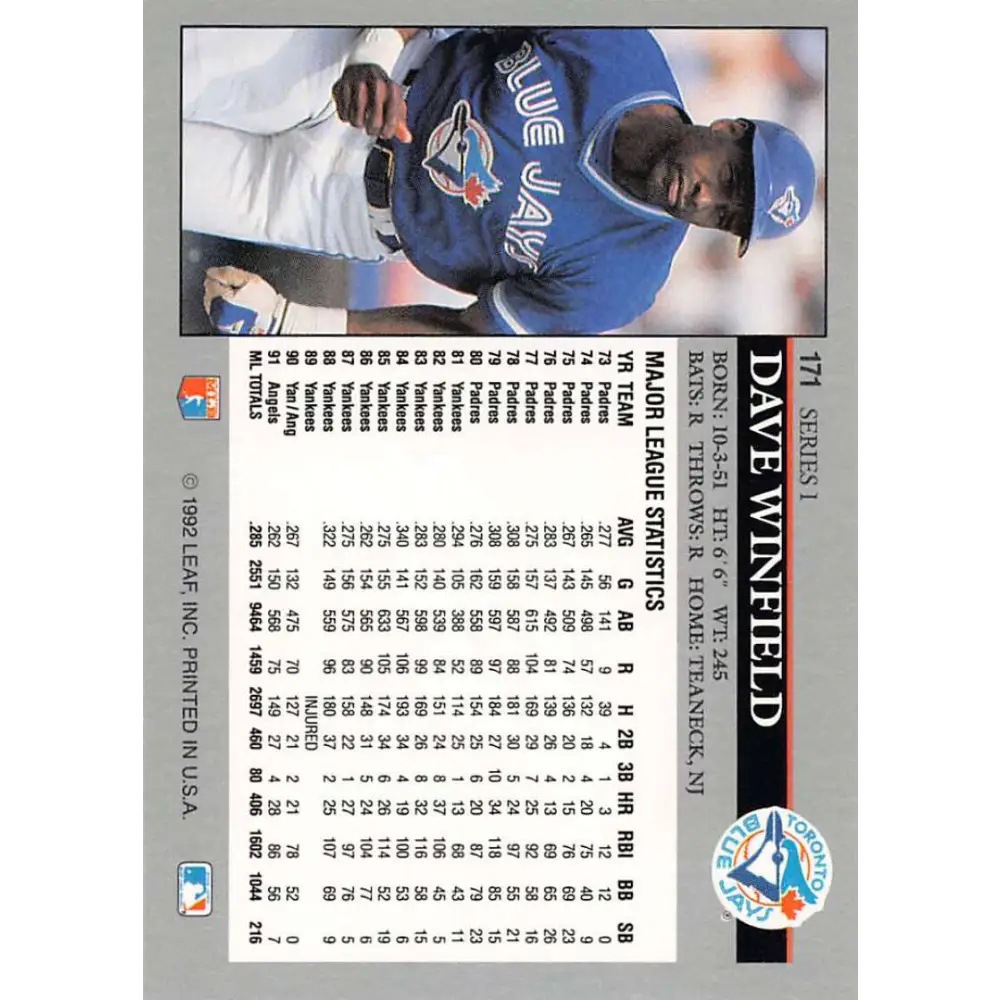 1992 Leaf #171 Dave Winfield NM-MT Toronto Blue Jays Baseball Card Image 2