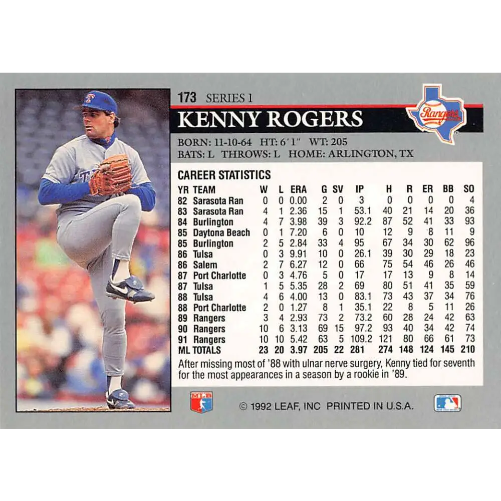 1992 Leaf #173 Kenny Rogers NM-MT Texas Rangers Baseball Card Image 2