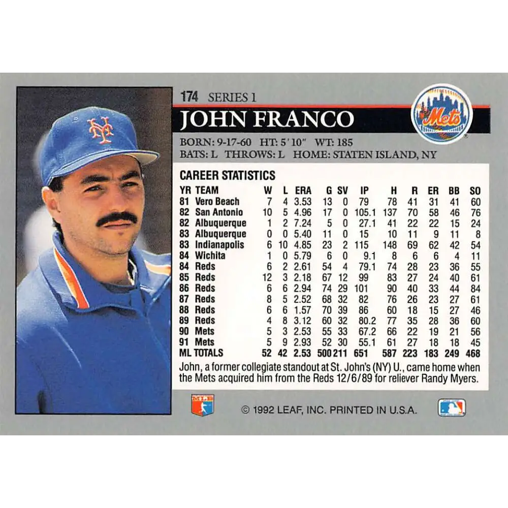 1992 Leaf #174 John Franco NM-MT New York Mets Baseball Card Image 2