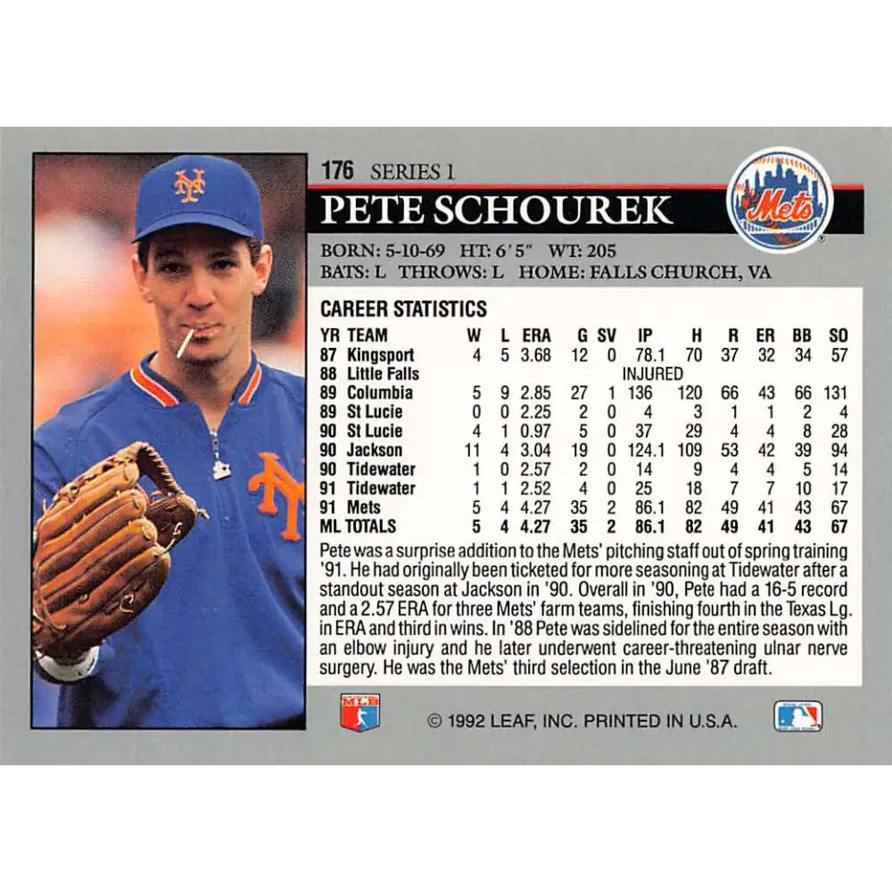 1992 Leaf #176 Pete Schourek NM-MT New York Mets Baseball Card Image 2