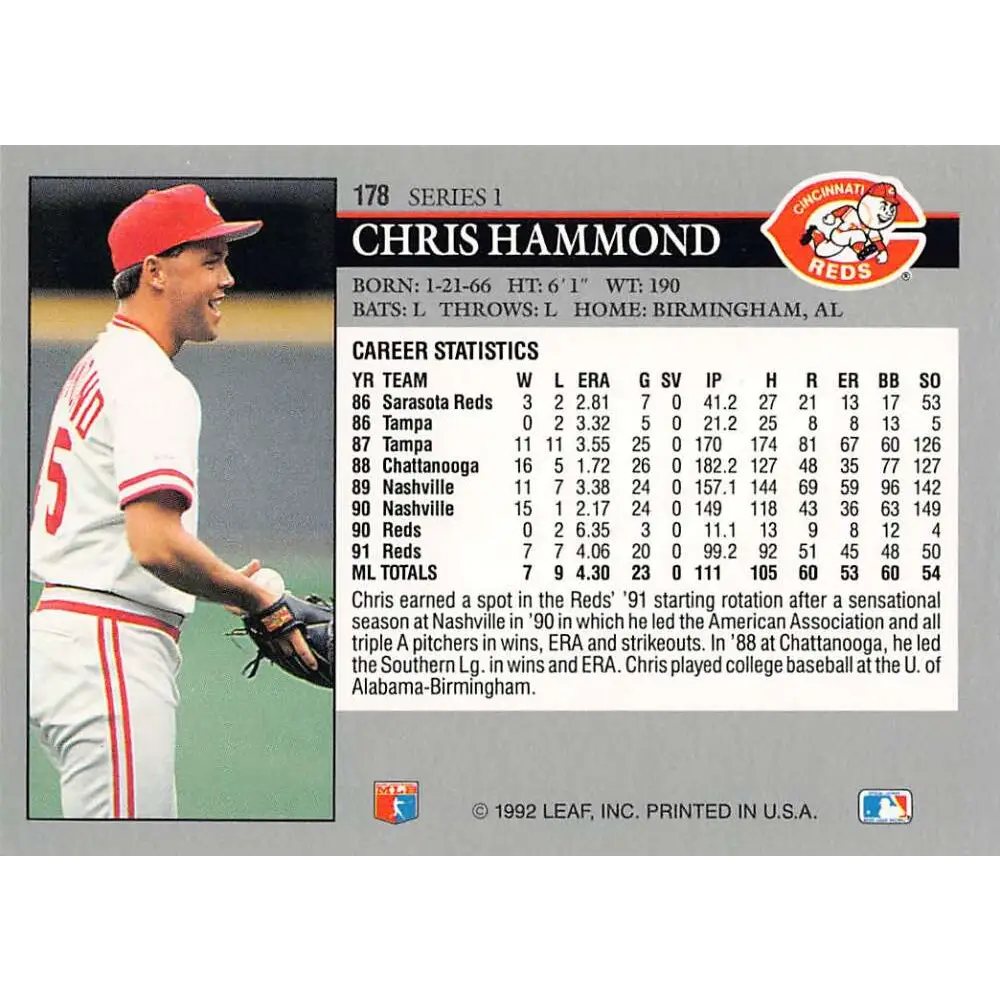 1992 Leaf #178 Chris Hammond NM-MT Cincinnati Reds Baseball Card Image 2
