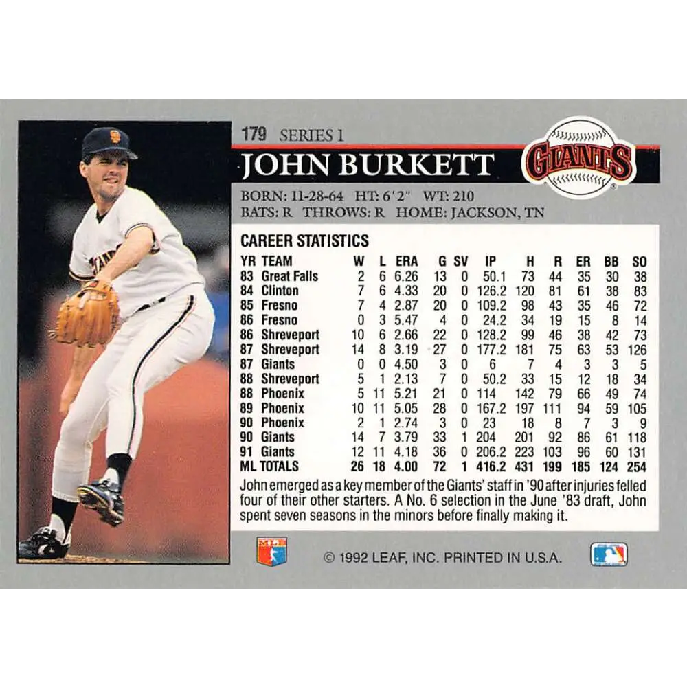 1992 Leaf #179 John Burkett NM-MT San Francisco Giants Baseball Card Image 2