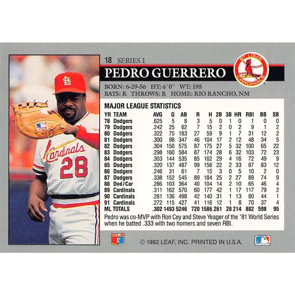 1992 Leaf #18 Pedro Guerrero NM-MT St. Louis Cardinals Baseball Card Image 2