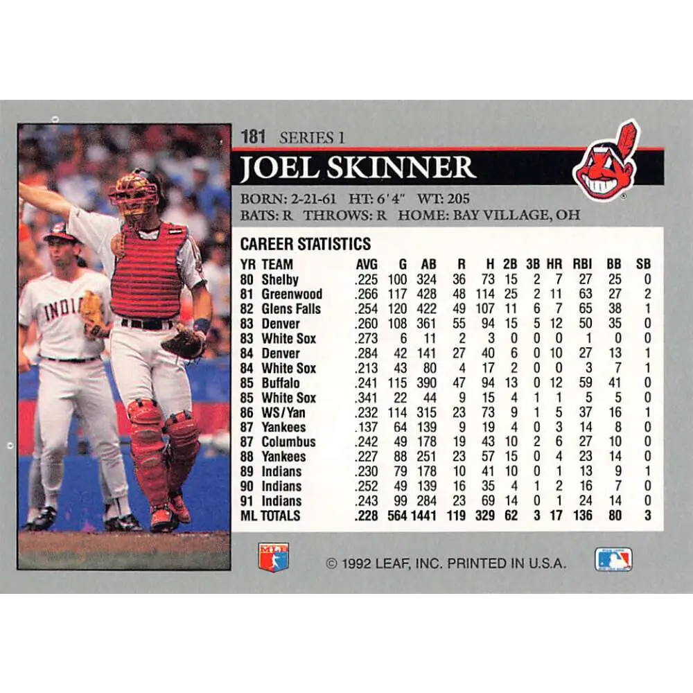 1992 Leaf #181 Joel Skinner NM-MT Cleveland Indians Baseball Card Image 2