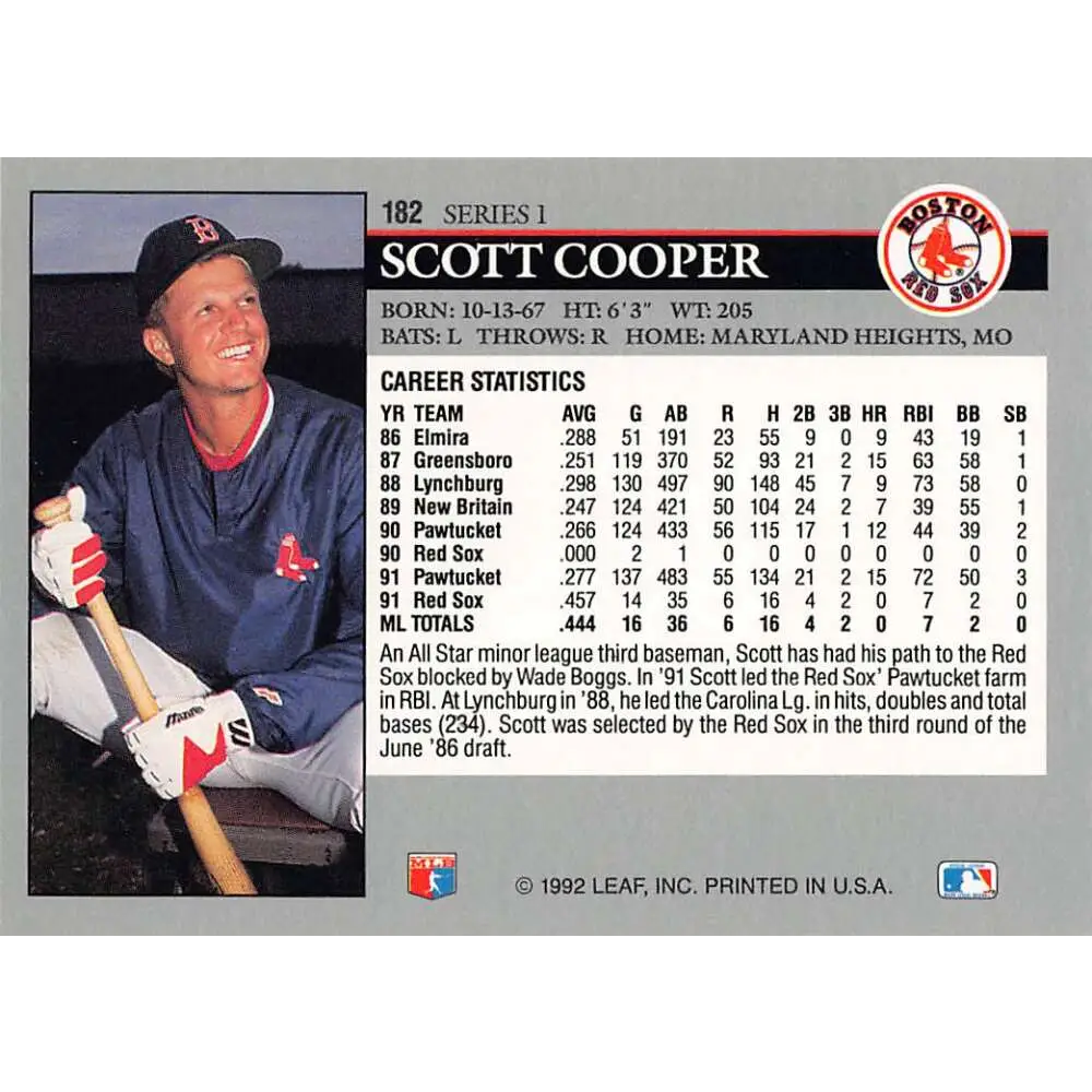 1992 Leaf #182 Scott Cooper NM-MT Boston Red Sox Baseball Card Image 2