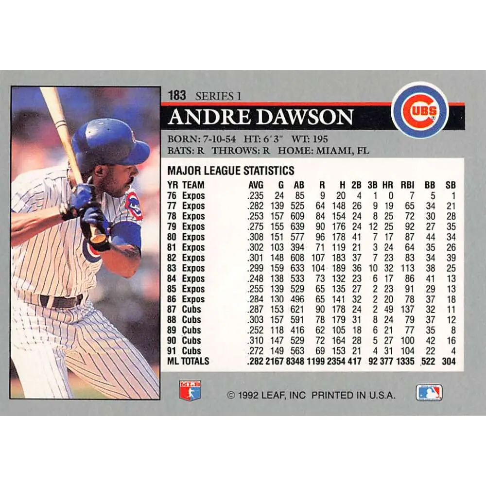1992 Leaf #183 Andre Dawson NM-MT Chicago Cubs Baseball Card Image 2