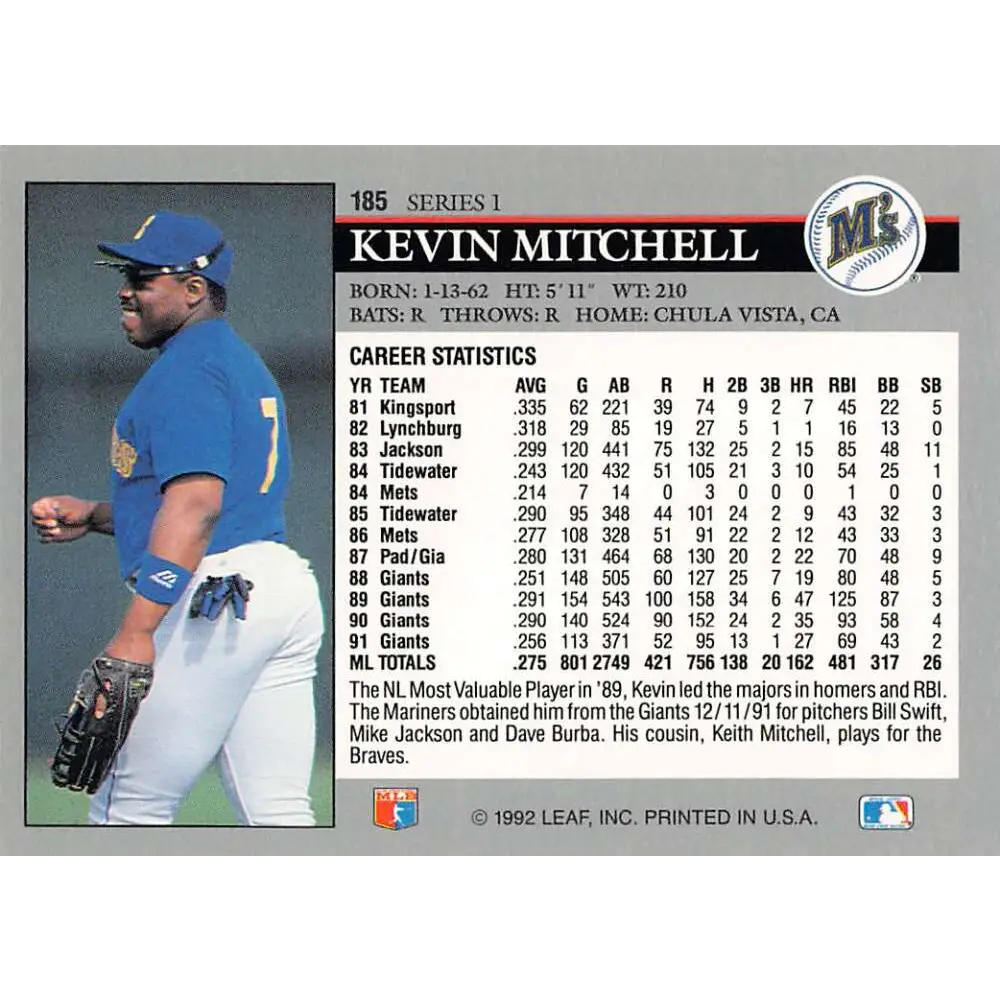1992 Leaf #185 Kevin Mitchell NM-MT Seattle Mariners Baseball Card Image 2