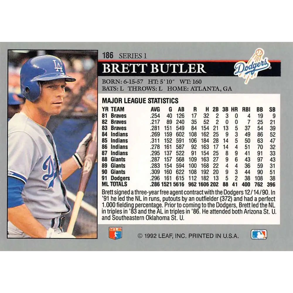 1992 Leaf #186 Brett Butler NM-MT Los Angeles Dodgers Baseball Card Image 2