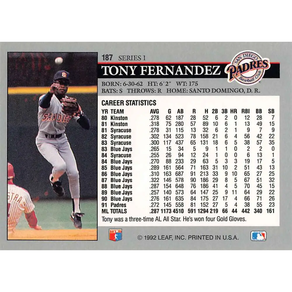 1992 Leaf #187 Tony Fernandez NM-MT San Diego Padres Baseball Card Image 2