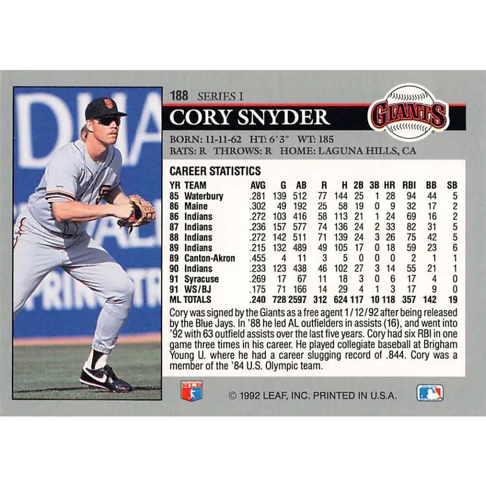 1992 Leaf #188 Cory Snyder NM-MT San Francisco Giants Baseball Card Image 2