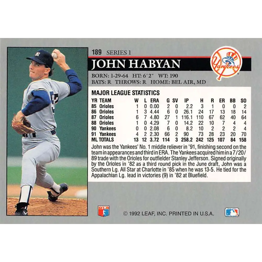 1992 Leaf #189 John Habyan NM-MT New York Yankees Baseball Card Image 2