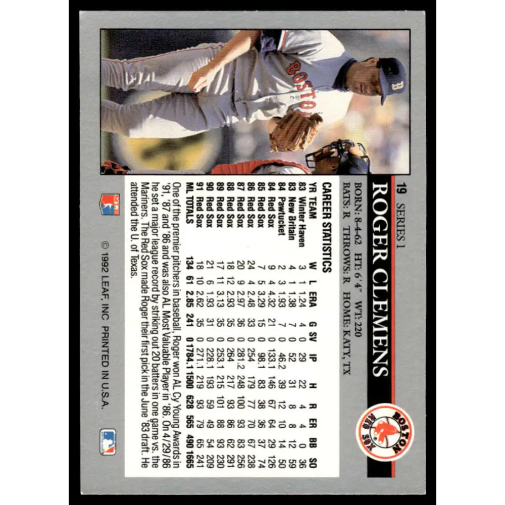1992 Leaf #19 Roger Clemens EX/NM Boston Red Sox Baseball Card Image 2