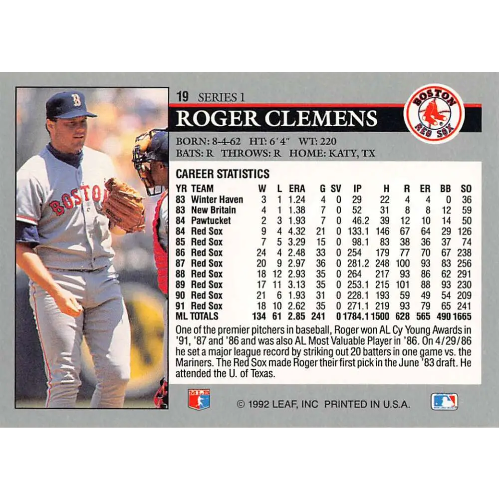 1992 Leaf #19 Roger Clemens NM-MT Boston Red Sox Baseball Card Image 2