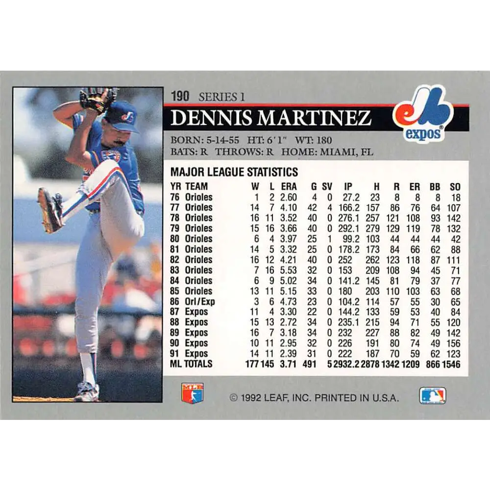 1992 Leaf #190 Dennis Martinez NM-MT Montreal Expos Baseball Card Image 2