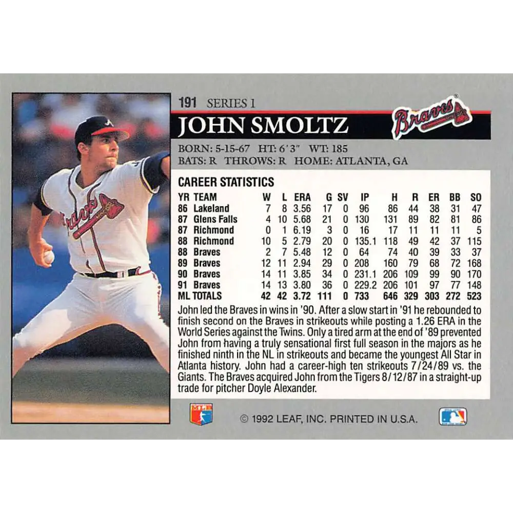 1992 Leaf #191 John Smoltz NM-MT Atlanta Braves Baseball Card Image 2