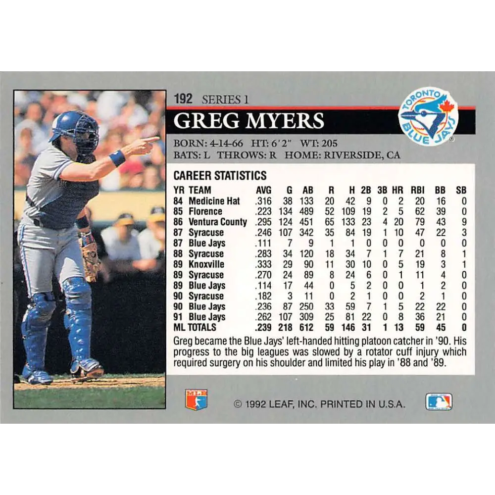 1992 Leaf #192 Greg Myers NM-MT Toronto Blue Jays Baseball Card Image 2