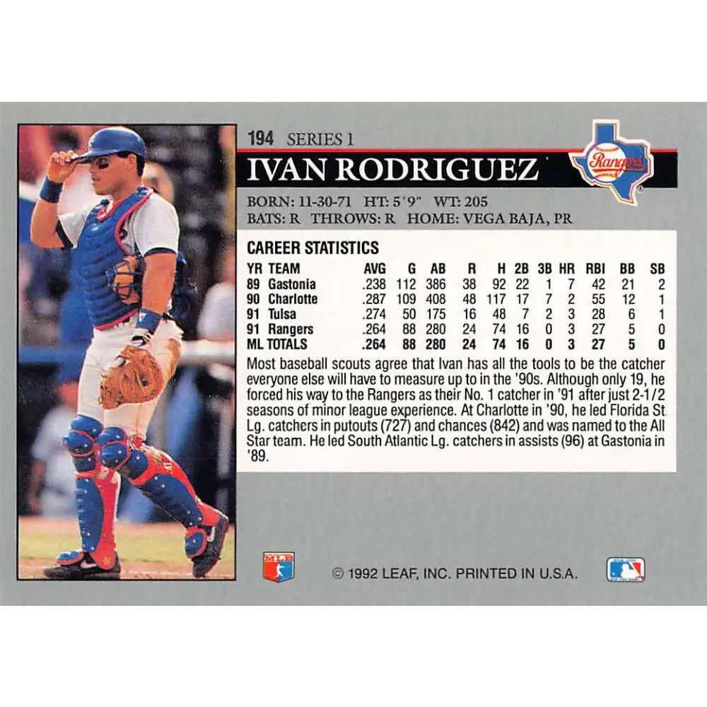 1992 Leaf #194 Ivan Rodriguez NM-MT Texas Rangers Baseball Card Image 2