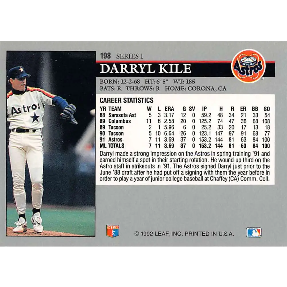 1992 Leaf #198 Darryl Kile NM-MT Houston Astros Baseball Card Image 2
