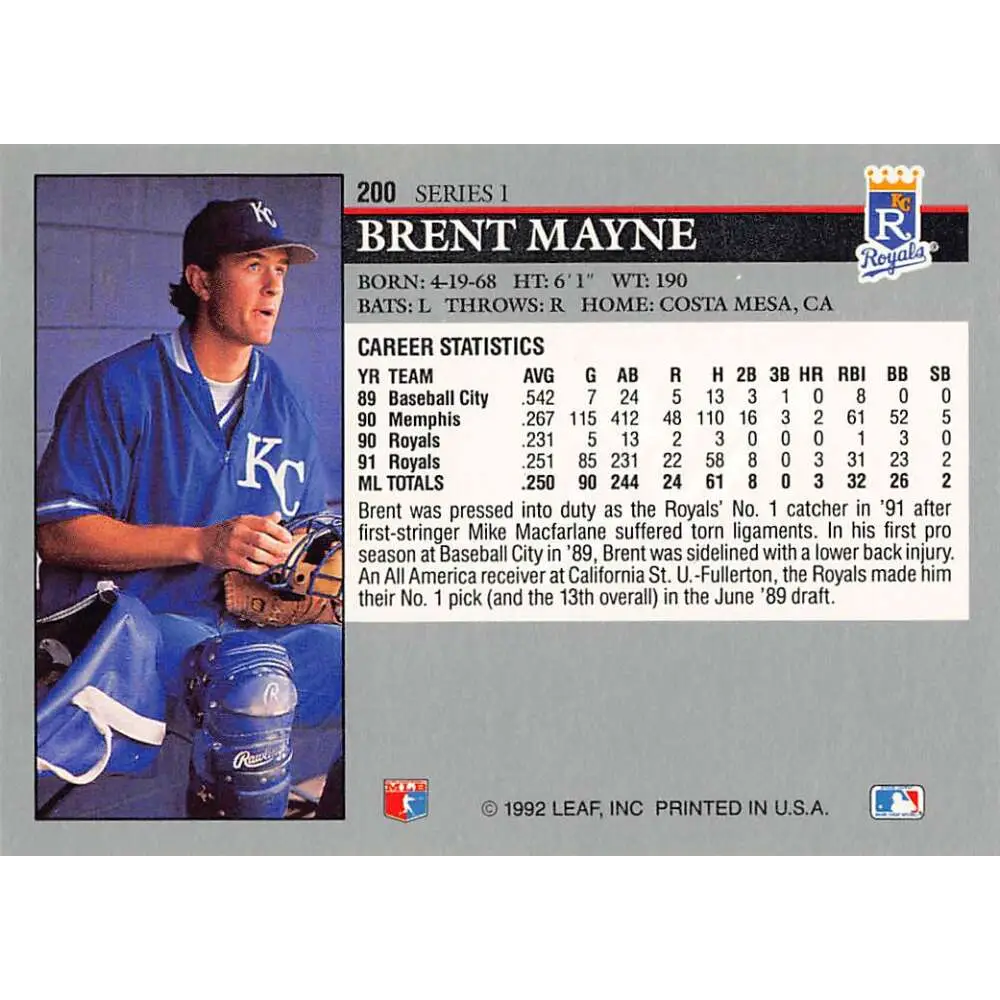1992 Leaf #200 Brent Mayne NM-MT Kansas City Royals Baseball Card Image 2