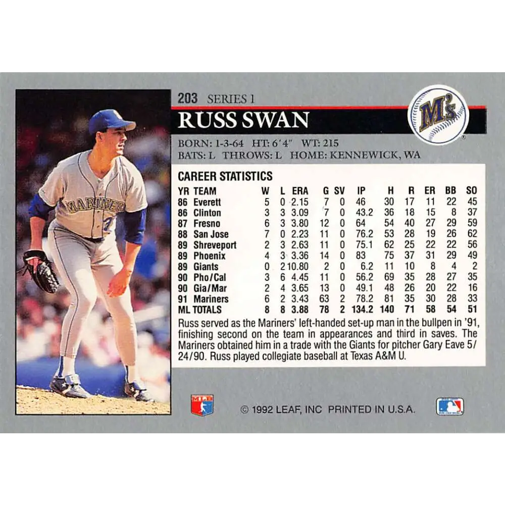 1992 Leaf #203 Russ Swan NM-MT Seattle Mariners Baseball Card Image 2