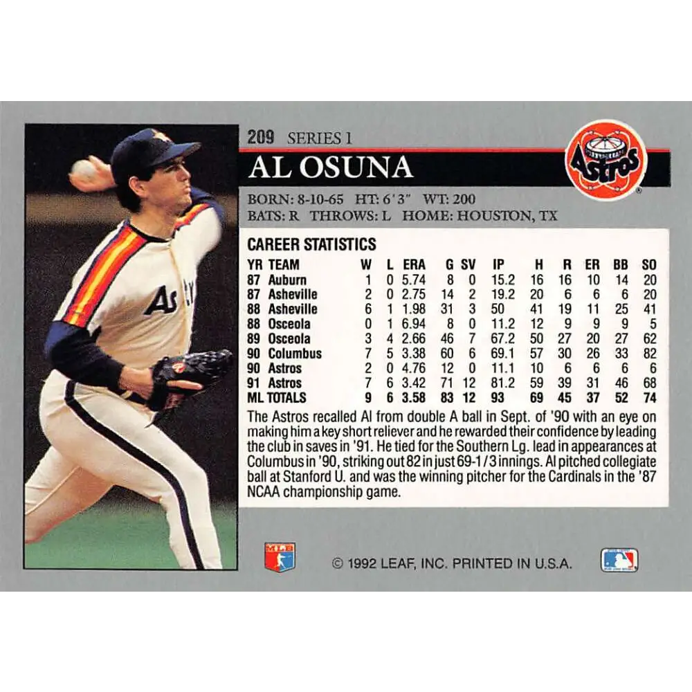 1992 Leaf #209 Al Osuna NM-MT Houston Astros Baseball Card Image 2