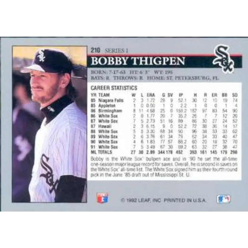 1992 Leaf #210 Bobby Thigpen NM-MT Chicago White Sox Baseball Card Image 2