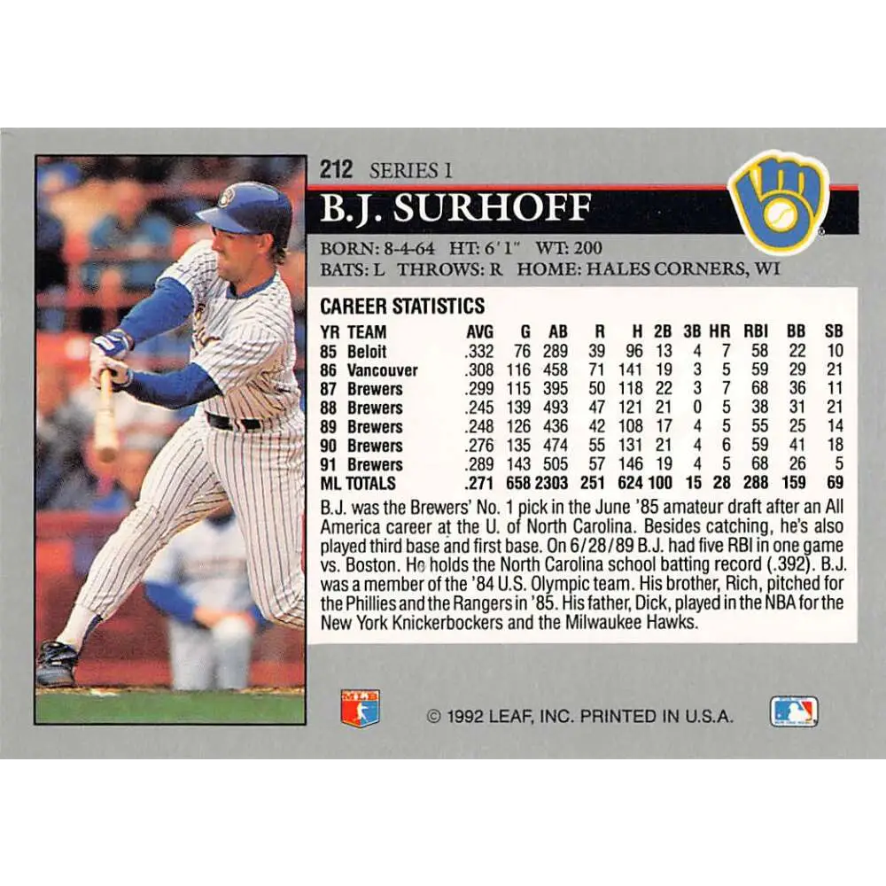 1992 Leaf #212 B.J. Surhoff NM-MT Milwaukee Brewers Baseball Card Image 2