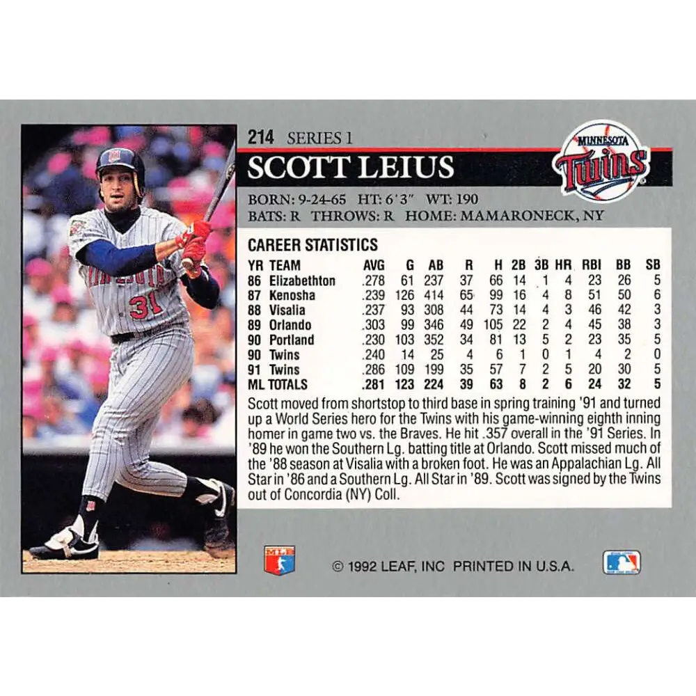 1992 Leaf #214 Scott Leius NM-MT Minnesota Twins Baseball Card Image 2