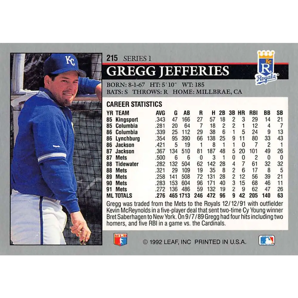 1992 Leaf #215 Gregg Jefferies NM-MT Kansas City Royals Baseball Card Image 2