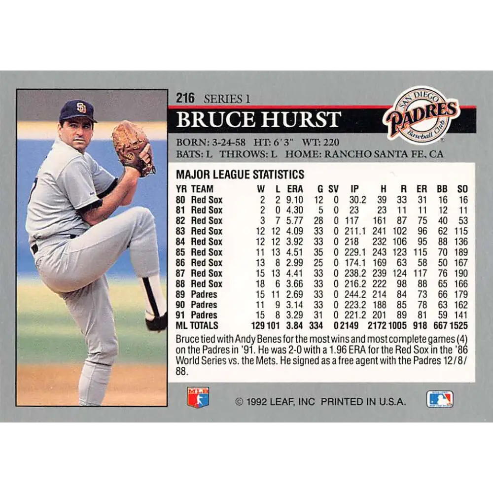 1992 Leaf #216 Bruce Hurst NM-MT San Diego Padres Baseball Card Image 2