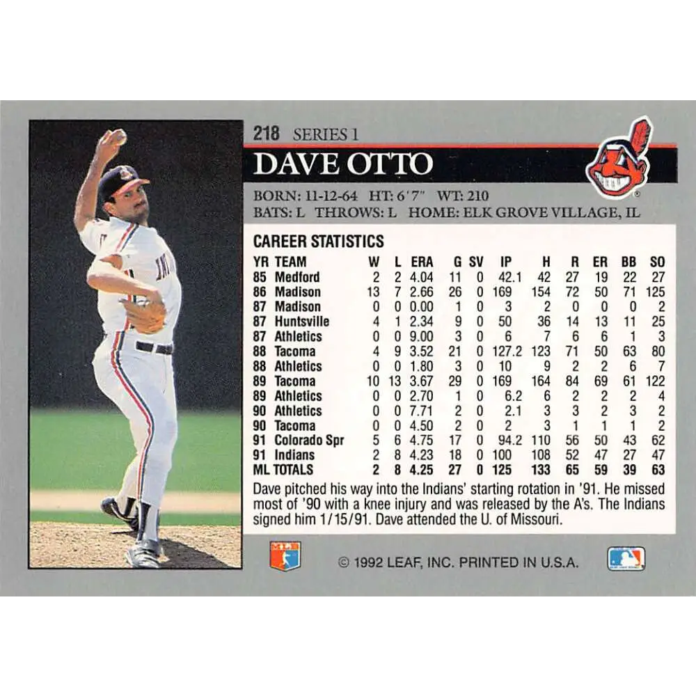 1992 Leaf #218 Dave Otto NM-MT Cleveland Indians Baseball Card Image 2
