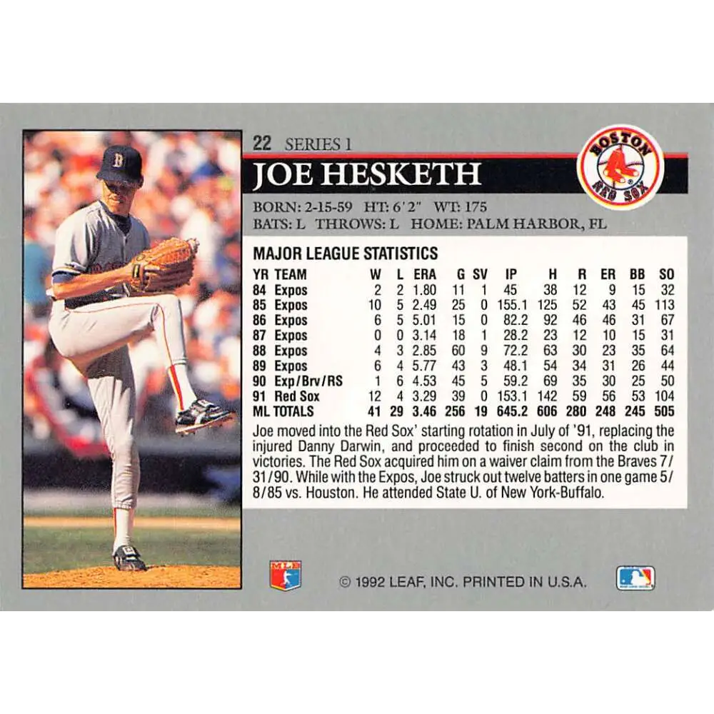 1992 Leaf #22 Joe Hesketh NM-MT Boston Red Sox Baseball Card Image 2