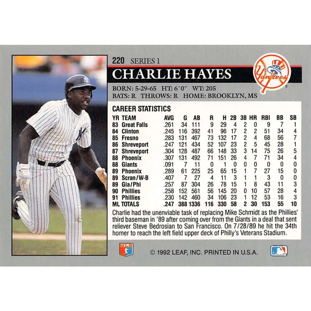 1992 Leaf #220 Charlie Hayes NM-MT New York Yankees Baseball Card Image 2
