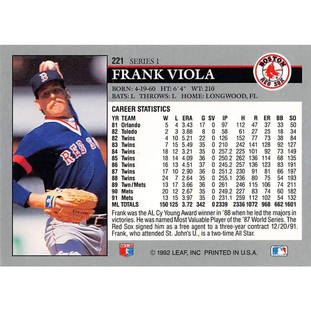 1992 Leaf #221 Frank Viola NM-MT Boston Red Sox Baseball Card Image 2