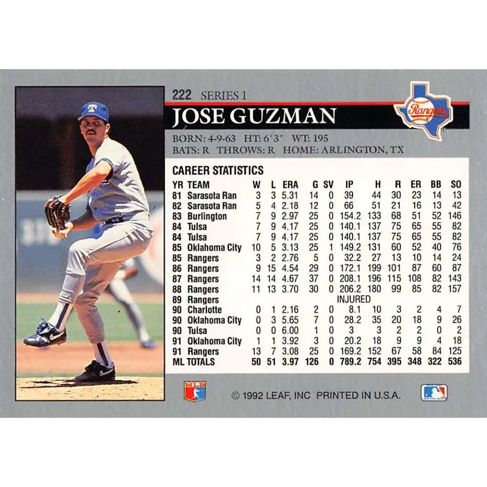 1992 Leaf #222 Jose Guzman NM-MT Texas Rangers Baseball Card Image 2