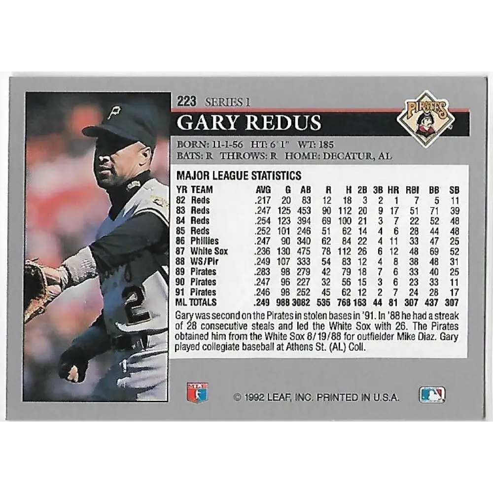 1992 Leaf #223 Gary Redus NM-MT Pittsburgh Pirates Baseball Card Image 2