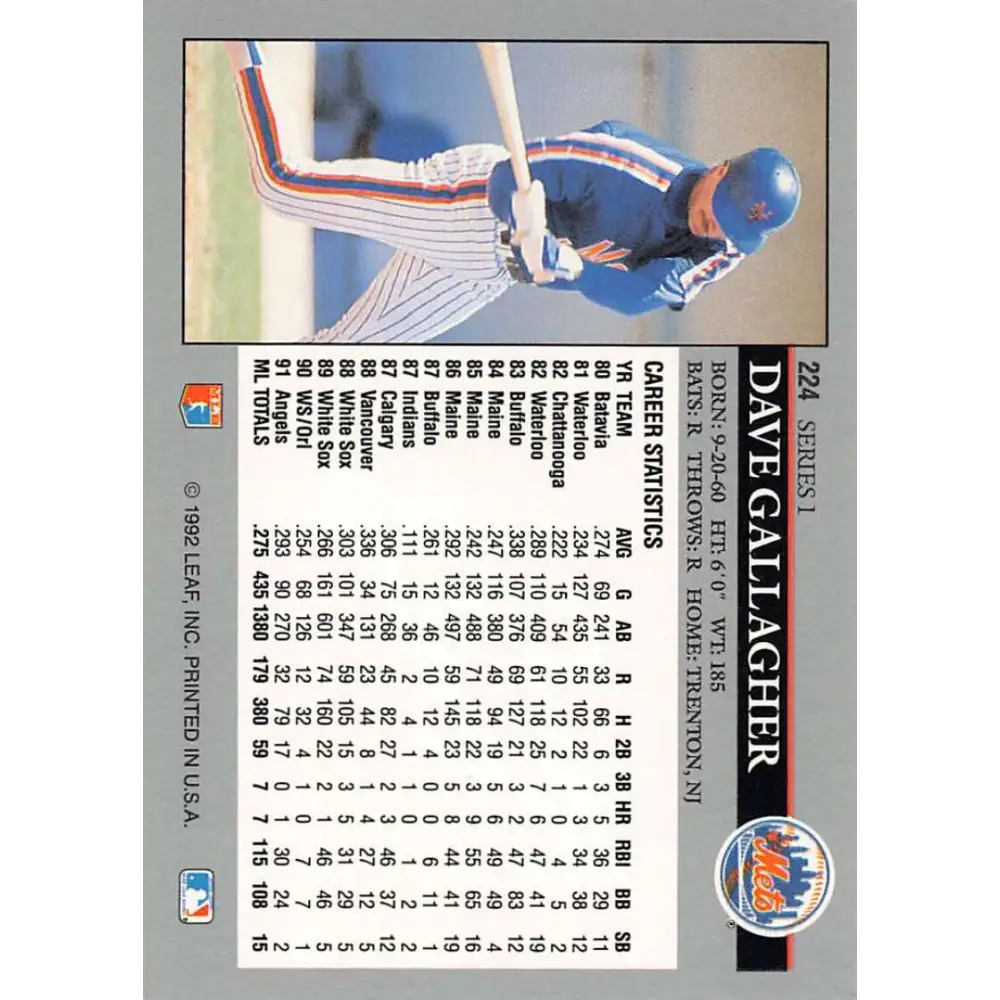 1992 Leaf #224 Dave Gallagher NM-MT New York Mets Baseball Card Image 2