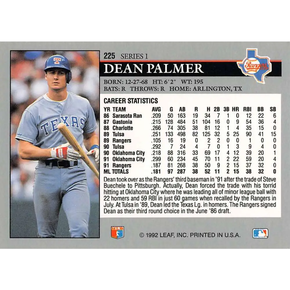 1992 Leaf #225 Dean Palmer NM-MT Texas Rangers Baseball Card Image 2