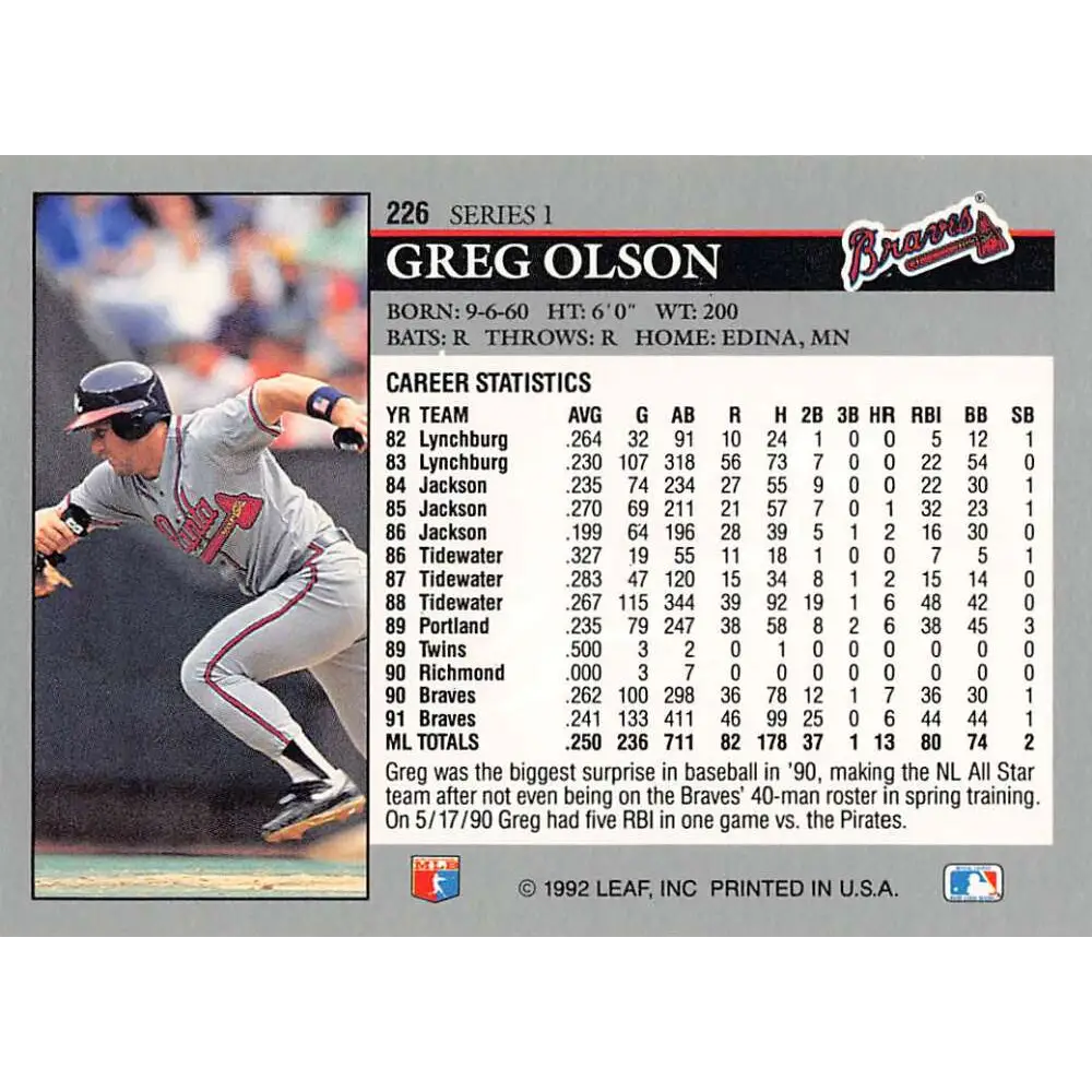 1992 Leaf #226 Greg Olson NM-MT Atlanta Braves Baseball Card Image 2