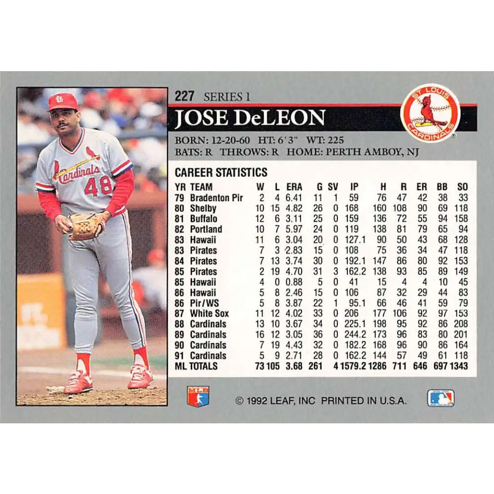 1992 Leaf #227 Jose DeLeon NM-MT St. Louis Cardinals Baseball Card Image 2