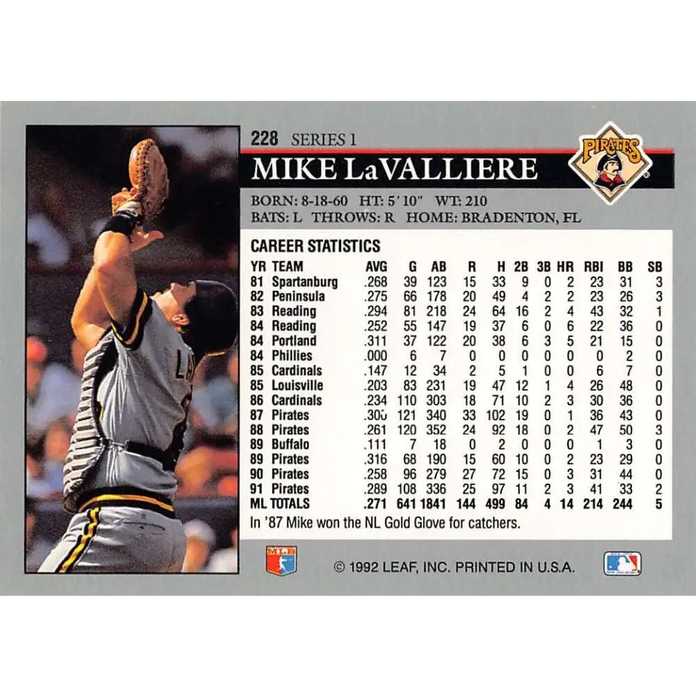 1992 Leaf #228 Mike LaValliere NM-MT Pittsburgh Pirates Baseball Card Image 2