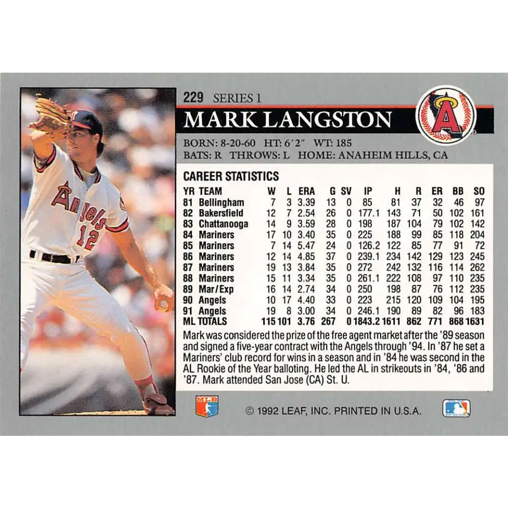 1992 Leaf #229 Mark Langston NM-MT California Angels Baseball Card Image 2