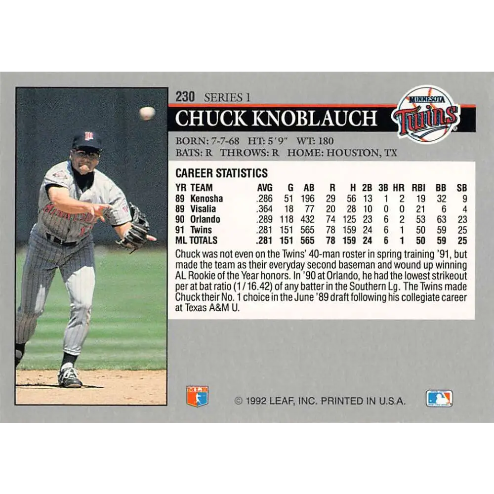 1992 Leaf #230 Chuck Knoblauch NM-MT Minnesota Twins Baseball Card Image 2