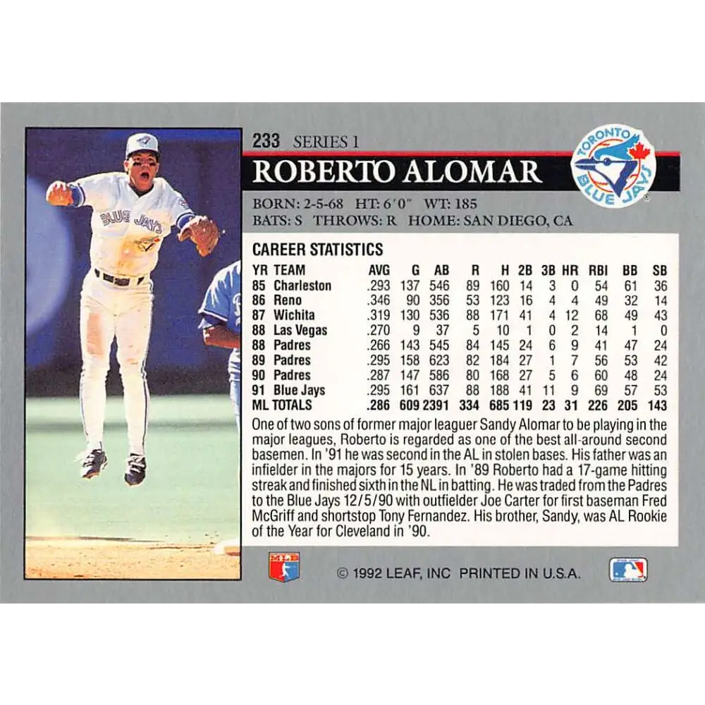 1992 Leaf #233 Roberto Alomar NM-MT Toronto Blue Jays Baseball Card Image 2