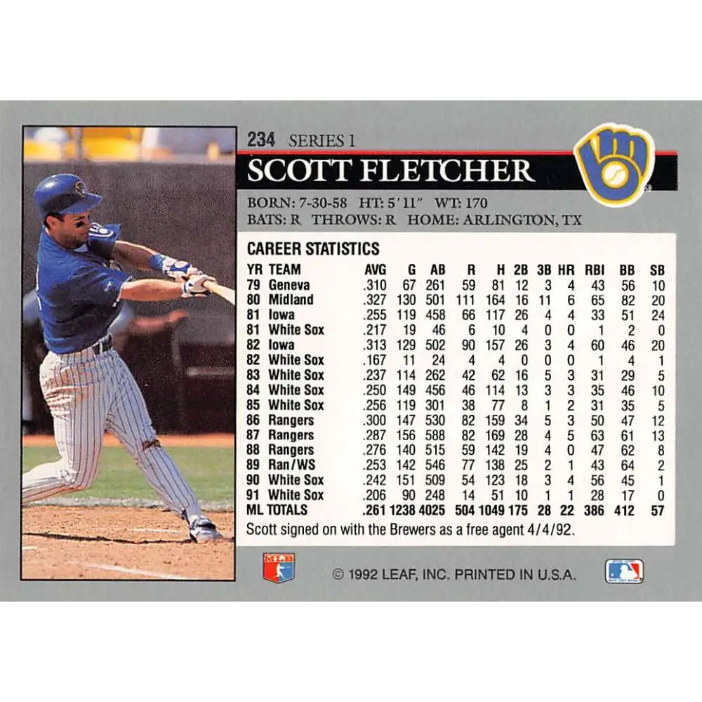 1992 Leaf #234 Scott Fletcher NM-MT Milwaukee Brewers Baseball Card Image 2